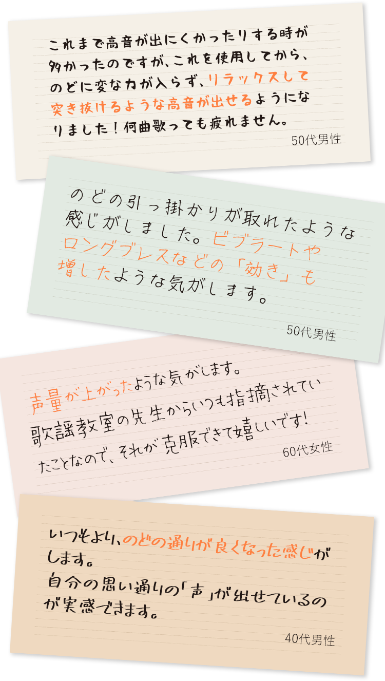 これまで高音が出にくかったりする時が多かったのですが、これを使用してから、のどに変な力が入らず、リラックスして突き抜けるような高音が出せるようになりました！何曲歌っても疲れません。（50代男性）/声量が上がったような気がします。歌謡教室の先生からいつも指摘されていたことなので、それが克服できて嬉しいです！（60代女性）/のどの引っ掛かりが取れたような感じがしました。ビブラートやロングブレスなどの「効き」も増したような気がします。（50代男性）/いつもより、のどの通りが良くなった感じがします。自分の思い通りの「声」が出せているのが実感できます。（40代女性）